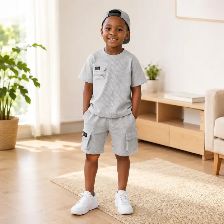New Boys Sport Clothing Sets Short Sleeve T-Shirt Summer Big Kids Loose Clothes Suit Tops+Shorts 2Pcs Children Fashion New Waffle Handsome Outfits