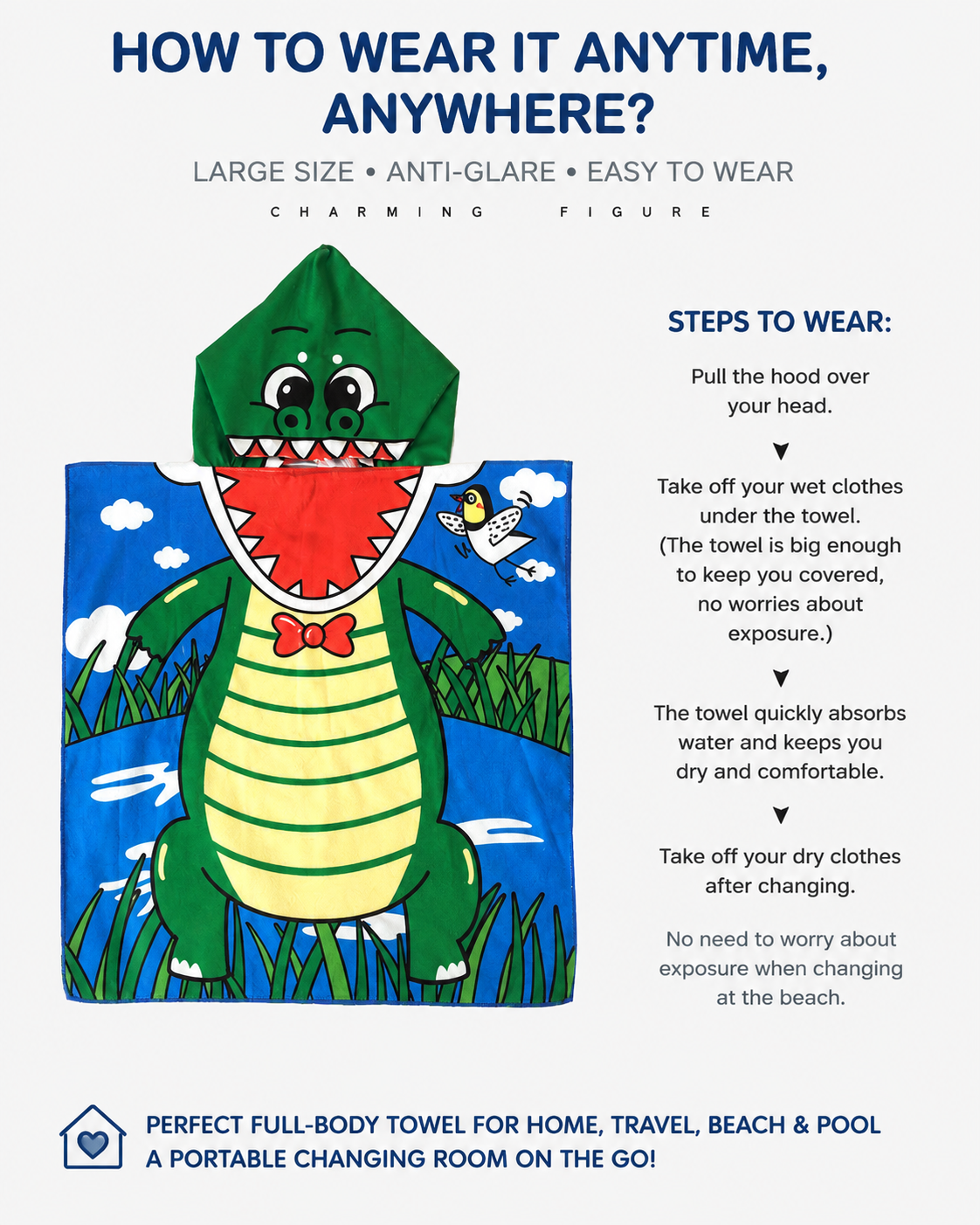 Baby Kids Hooded Bath Towel Soft Cartoon Bathrobe Quick Dry Absorbent Towel for Bath Time
