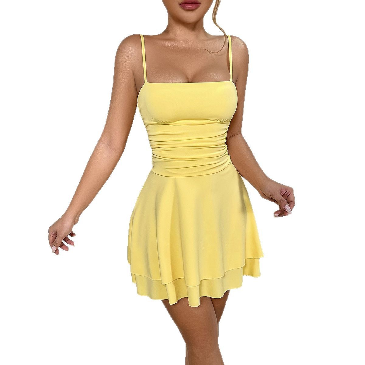 Women's Sexy Backless Cami Mini Dress High Waist Ruched Solid Sleeveless Bodycon Party Dress