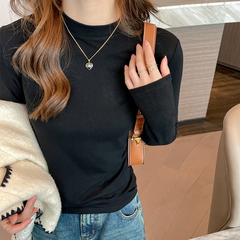 Women's Stand Collar Long Sleeve Base Top - Viscose Solid Color T-Shirt, Wearable as Inner or Outer Layer, Autumn Winter, Sizes M-3XL, 7 Colors