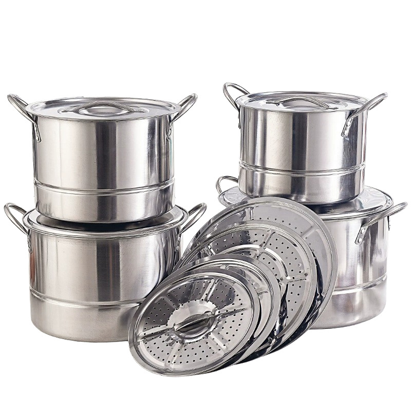 Set of 28PCS Non-stick Stainless Steel Cookware Set Cooking Pot Set Sufuria Set (4PCS 24-26-28-30CM Pots+4PCS Stainless Steel Lids+1pc kettle with lid +18pcs cookware accessories)