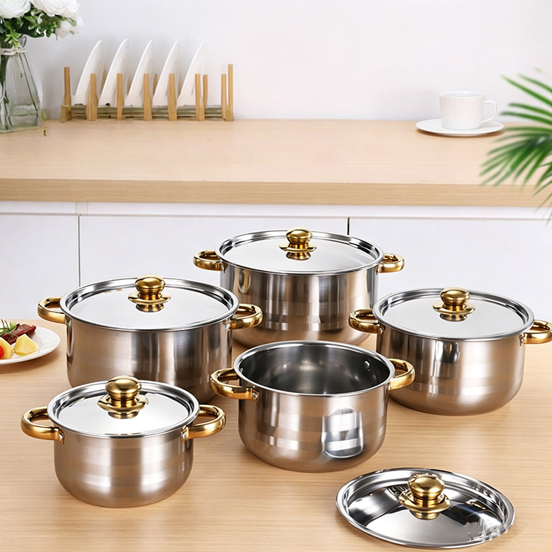 Set of 10PCS Non-stick Stainless Steel Cookware Set Cooking Pot Set Sufuria Set (5PCS 18/20/22/24/26 CM Pots+5PCS Stainless Steel Lids)