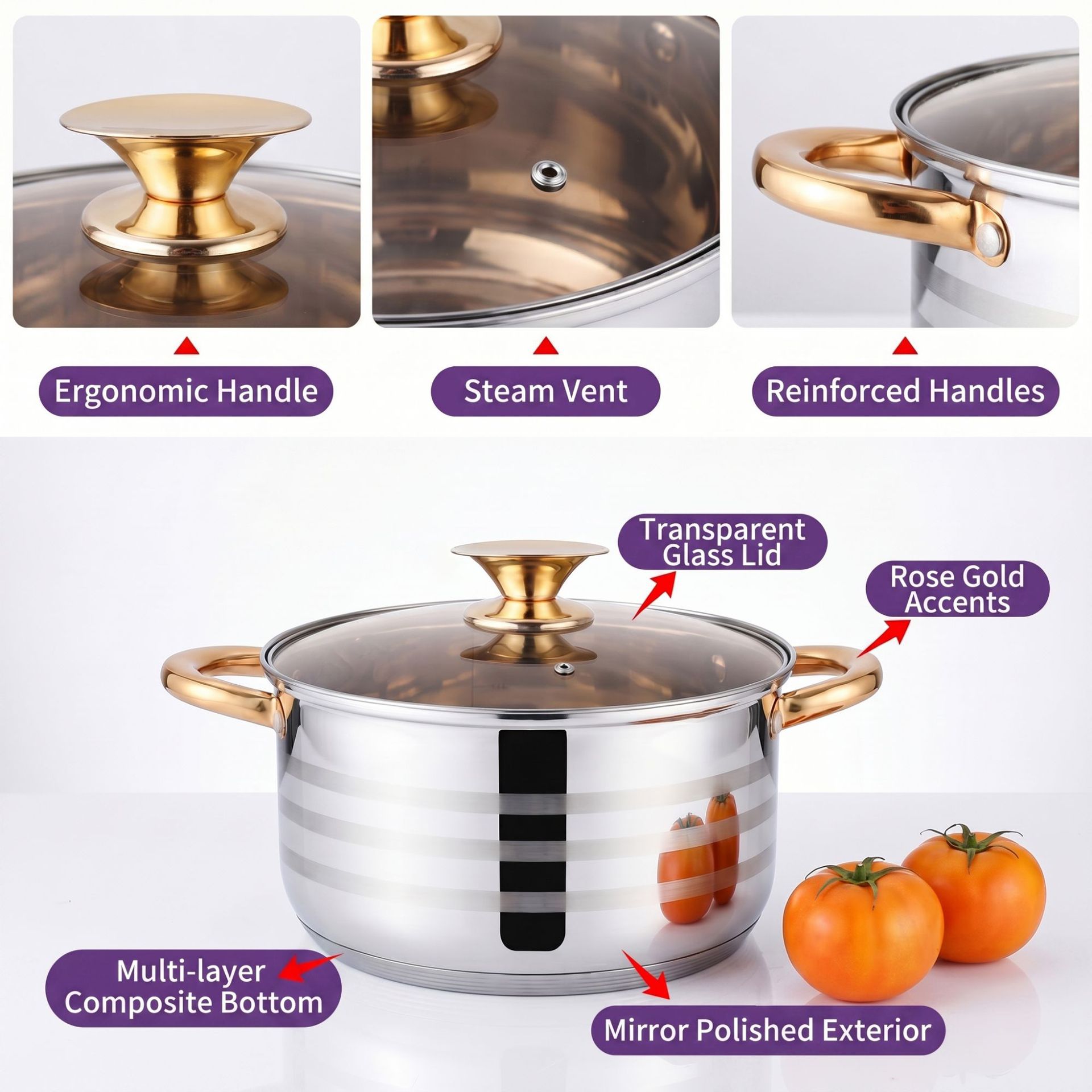 Engeibepg Set of 6PCS Non-stick Stainless Steel Cookware Set Cooking Pot Set Sufuria Set (3PCS 16/20/24CM Pots+3PCS Glass Lids)