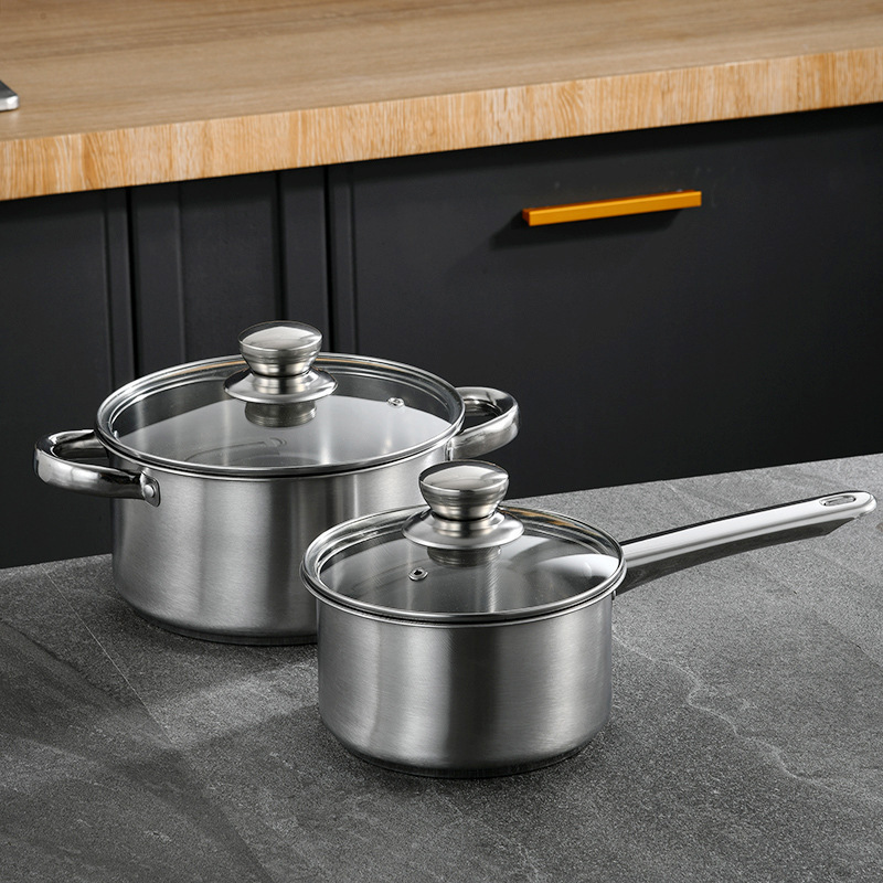 Set of 4PCS Non-stick Stainless Steel Cookware Set Cooking Pot Set Sufuria Set (2PCS 18/24CM Pots+2PCS Glass Lids)