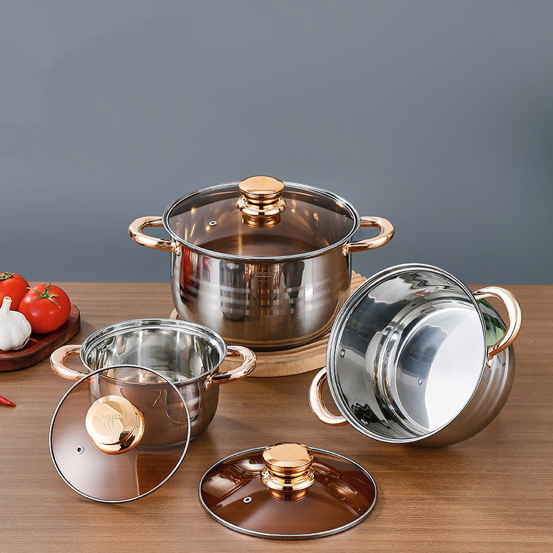 Engeibepg Set of 6PCS Non-stick Stainless Steel Cookware Set Cooking Pot Set Sufuria Set (3PCS 16/20/24CM Pots+3PCS Glass Lids)