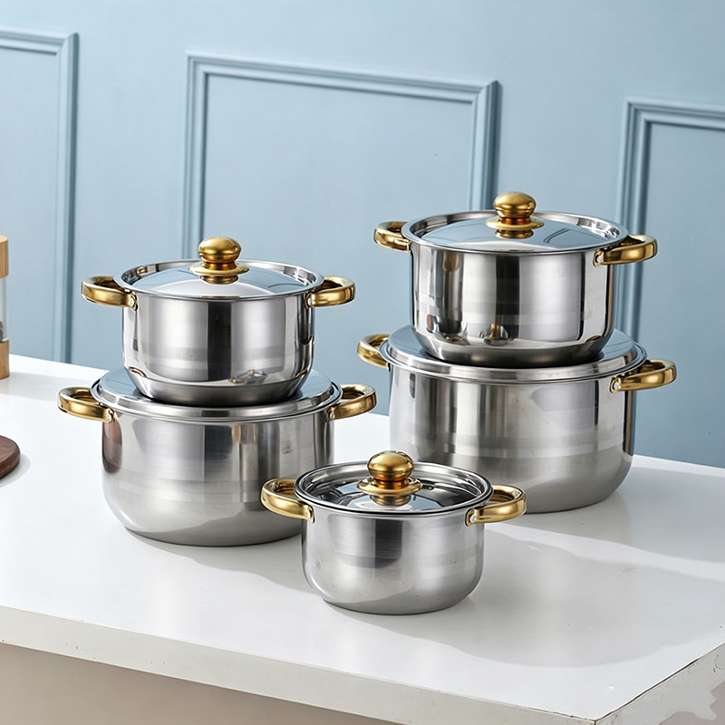 Set of 10PCS Non-stick Stainless Steel Cookware Set Cooking Pot Set Sufuria Set (5PCS 18/20/22/24/26 CM Pots+5PCS Stainless Steel Lids)