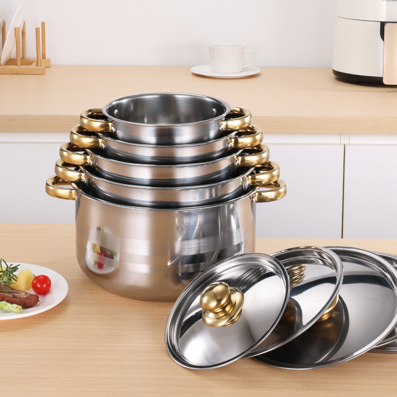 Set of 10PCS Non-stick Stainless Steel Cookware Set Cooking Pot Set Sufuria Set (5PCS 18/20/22/24/26 CM Pots+5PCS Stainless Steel Lids)