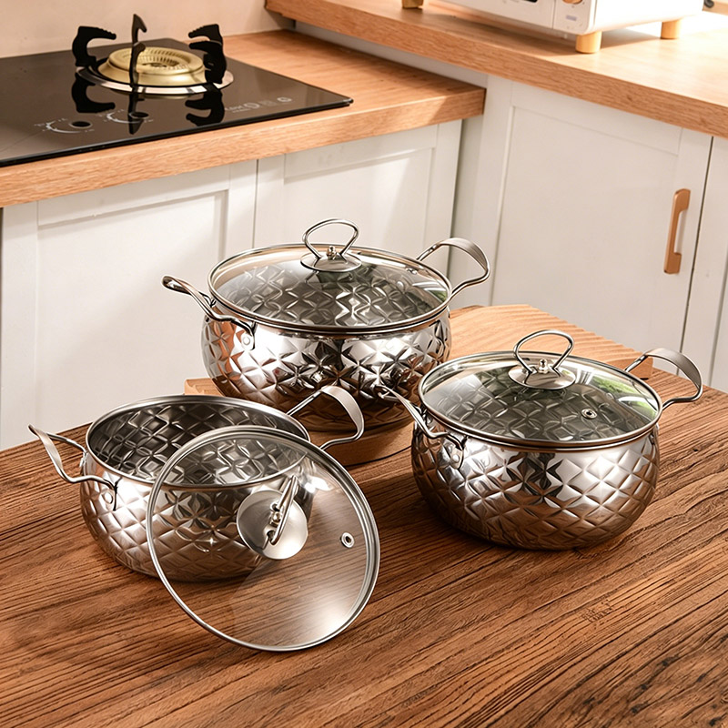 Set of 6PCS Non-stick Stainless Steel Cookware Set Cooking Pot Set Sufuria Set (3PCS 16/18/20CM Pots+3PCS Glass Lids)