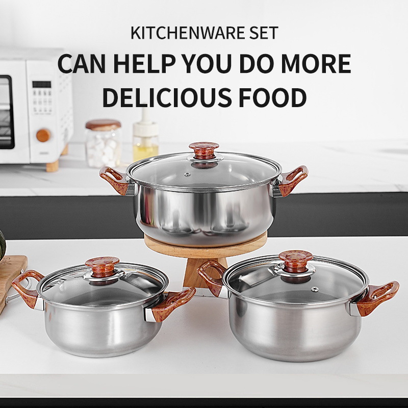 Set of 12PCS Non-stick Stainless Steel Cookware Set Cooking Pot Set Sufuria Set (5PCS 18/20/22/24 CM soup pot,+1pc 16cm milk pot+1pc 24cm Pan + 6PCS Glass Lids)