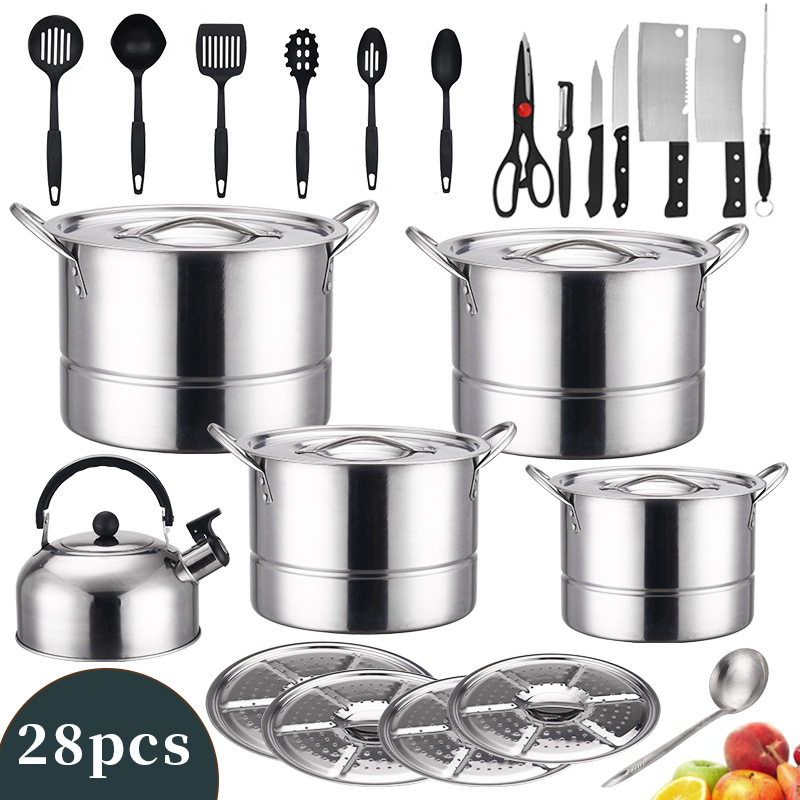 Set of 28PCS Non-stick Stainless Steel Cookware Set Cooking Pot Set Sufuria Set (4PCS 24-26-28-30CM Pots+4PCS Stainless Steel Lids+1pc kettle with lid +18pcs cookware accessories)