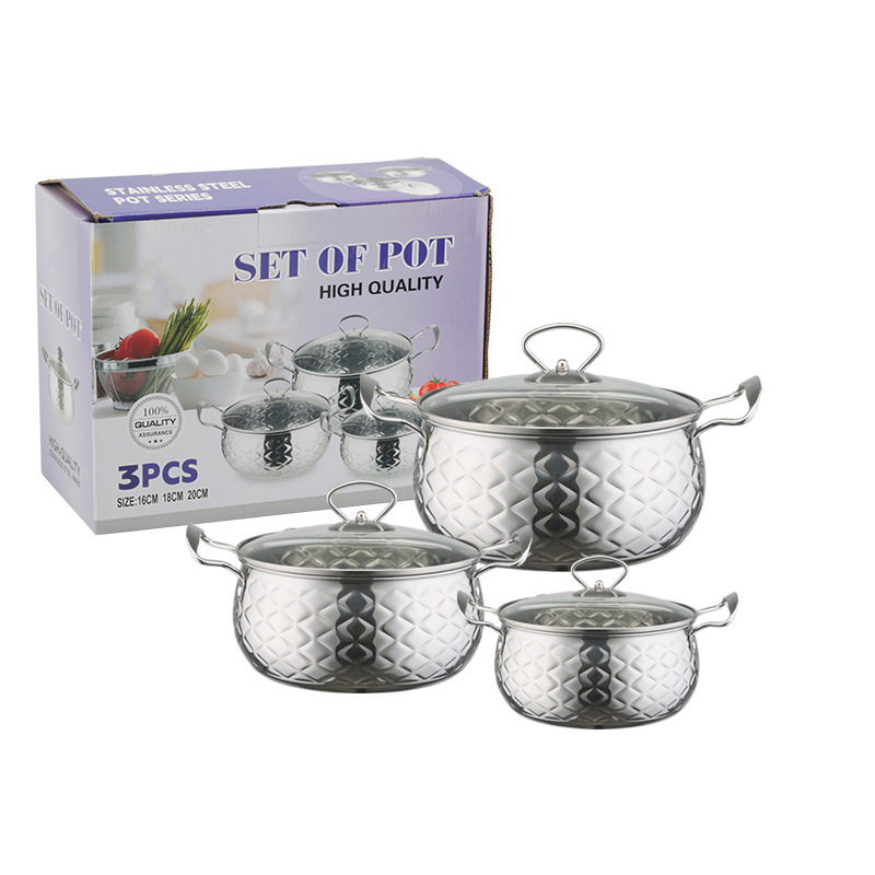 Set of 6PCS Non-stick Stainless Steel Cookware Set Cooking Pot Set Sufuria Set (3PCS 16/18/20CM Pots+3PCS Glass Lids)