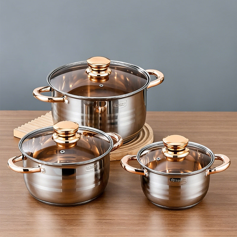 Engeibepg Set of 6PCS Non-stick Stainless Steel Cookware Set Cooking Pot Set Sufuria Set (3PCS 16/20/24CM Pots+3PCS Glass Lids)