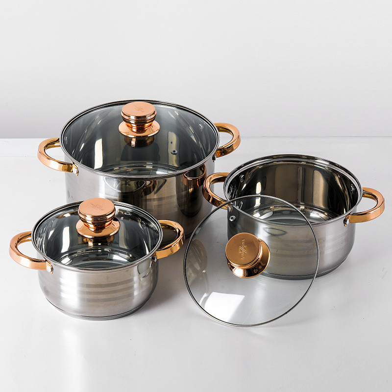 Engeibepg Set of 6PCS Non-stick Stainless Steel Cookware Set Cooking Pot Set Sufuria Set (3PCS 16/20/24CM Pots+3PCS Glass Lids)