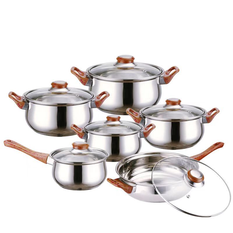 Set of 12PCS Non-stick Stainless Steel Cookware Set Cooking Pot Set Sufuria Set (5PCS 18/20/22/24 CM soup pot,+1pc 16cm milk pot+1pc 24cm Pan + 6PCS Glass Lids)