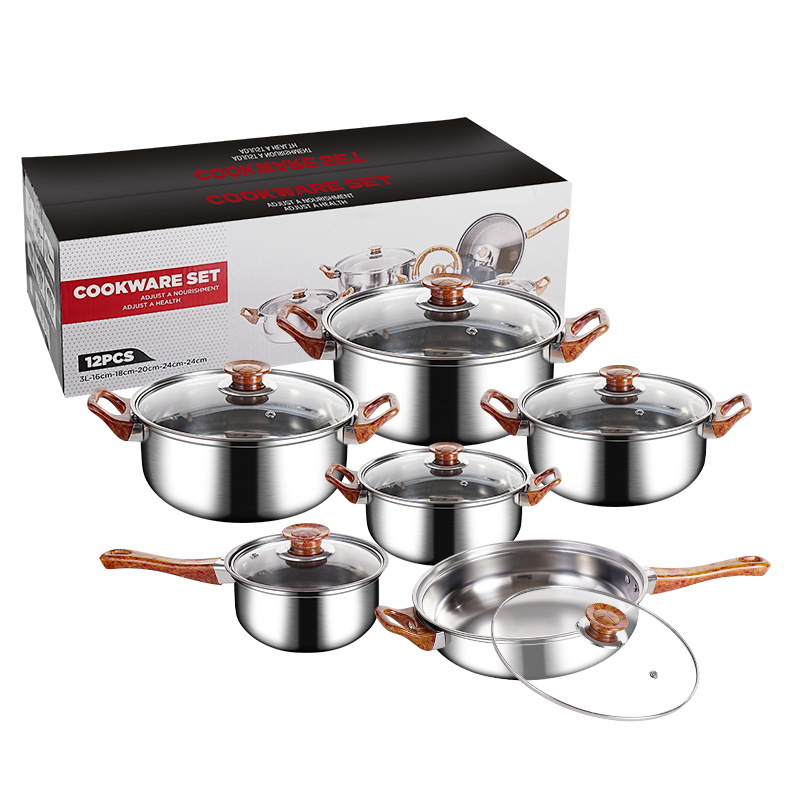 Set of 12PCS Non-stick Stainless Steel Cookware Set Cooking Pot Set Sufuria Set (5PCS 18/20/22/24 CM soup pot,+1pc 16cm milk pot+1pc 24cm Pan + 6PCS Glass Lids)