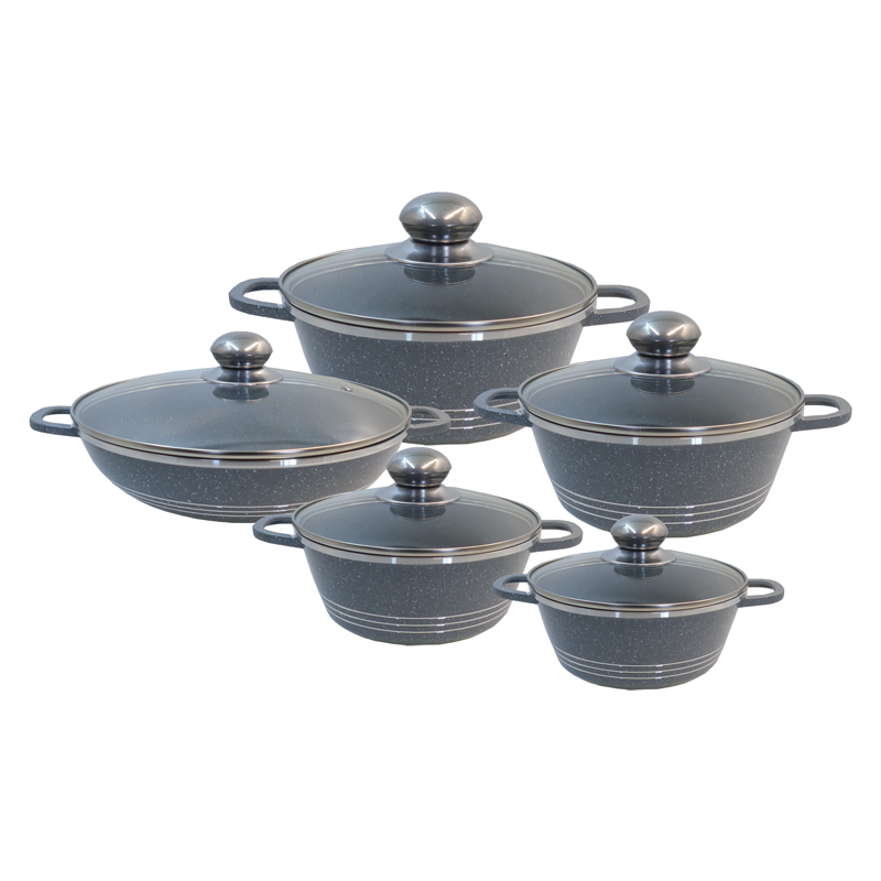 【On Sale】HotChef Set of 10PCS Non-stick Aluminum  Cookware Set Sufuria Set Marble Coating Cooking Pot Soup Pots Set (5PCS 18/22/26/26/30 CM Pots+5PCS Lids)