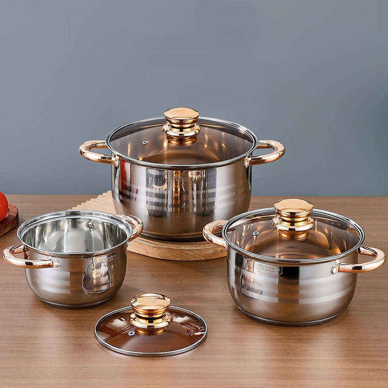Engeibepg Set of 6PCS Non-stick Stainless Steel Cookware Set Cooking Pot Set Sufuria Set (3PCS 16/20/24CM Pots+3PCS Glass Lids)