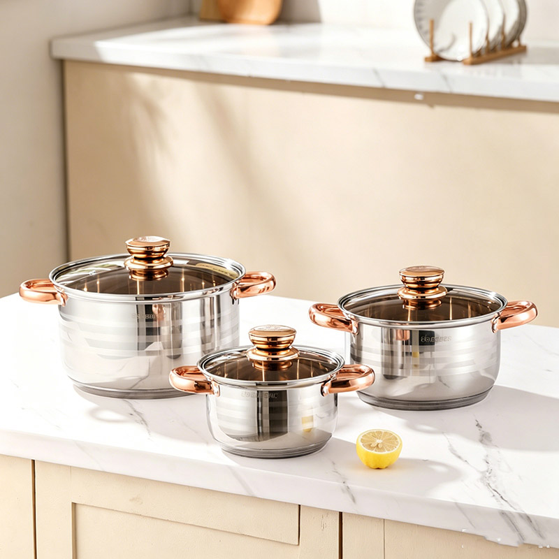 Engeibepg Set of 6PCS Non-stick Stainless Steel Cookware Set Cooking Pot Set Sufuria Set (3PCS 16/20/24CM Pots+3PCS Glass Lids)