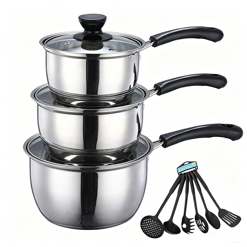 Set of 12PCS Non-stick Stainless Steel Cookware Set Cooking Pot Set Sufuria Set (3PCS 16/18/20CM Pots+3PCS Glass Lids+6pcs cookware accessories)