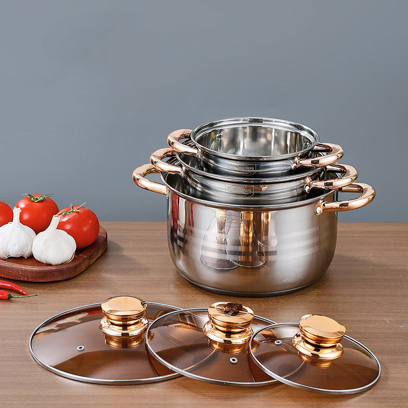 Engeibepg Set of 6PCS Non-stick Stainless Steel Cookware Set Cooking Pot Set Sufuria Set (3PCS 16/20/24CM Pots+3PCS Glass Lids)