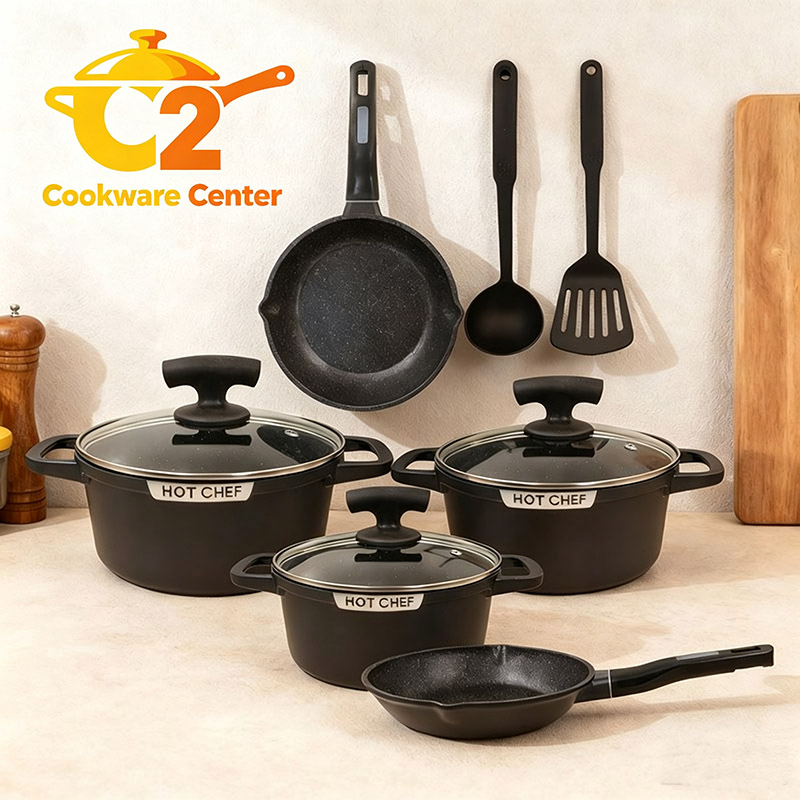 HotChef Set of 10PCS Non-Stick  Die Cast Aluminum Cookware Set Marble Coating Sufuria Set Cooking Pot Set (3PCS 20/24/28 Pots+2PCS 24/28CM Pans + 3PCS Lids +2PCS Accessories)