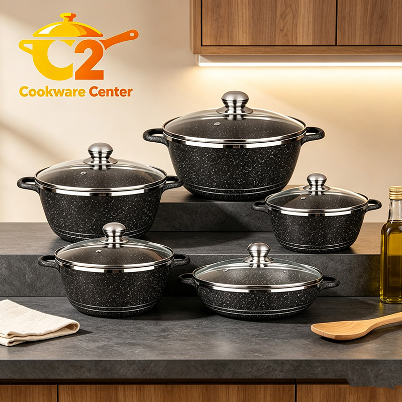 【On Sale】HotChef Set of 10PCS Non-stick Aluminum  Cookware Set Sufuria Set Marble Coating Cooking Pot Soup Pots Set (5PCS 18/22/26/26/30 CM Pots+5PCS Lids)