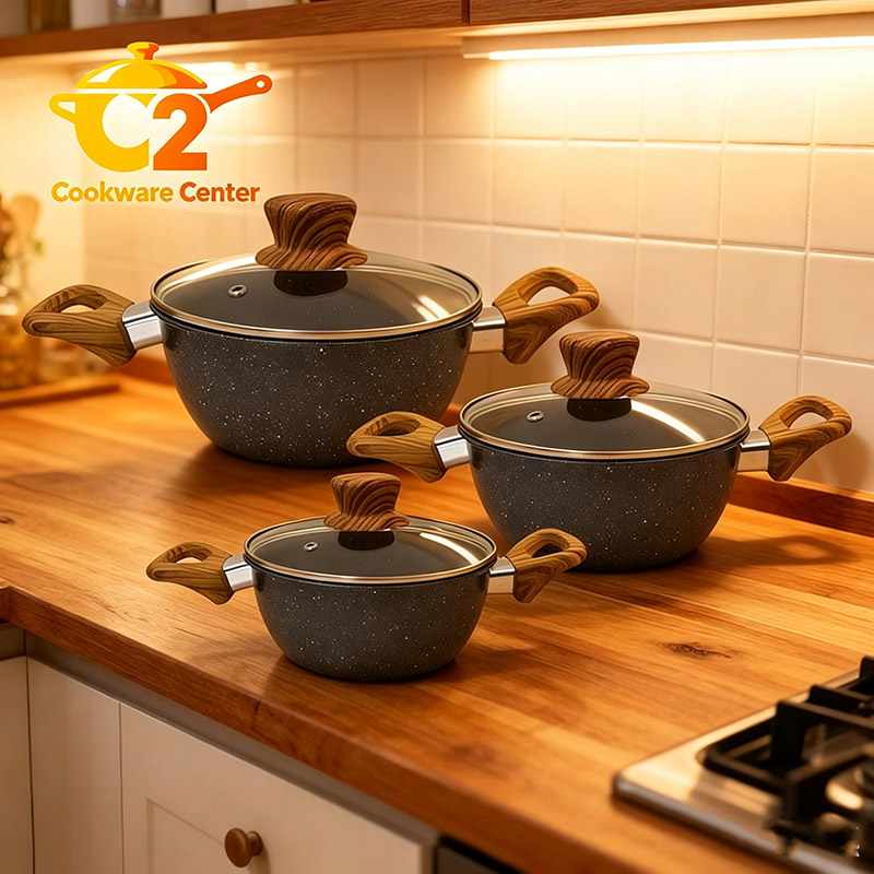 HotChef  Set of  6PCS  Non-stick Iron Marble Coating Cookware Set  Sufuria Set Cooking Pot Soup Pots Set Suitable for Induction Cookers (3PCS 18/20/22CM Pots+3PCS Lids) TTG160