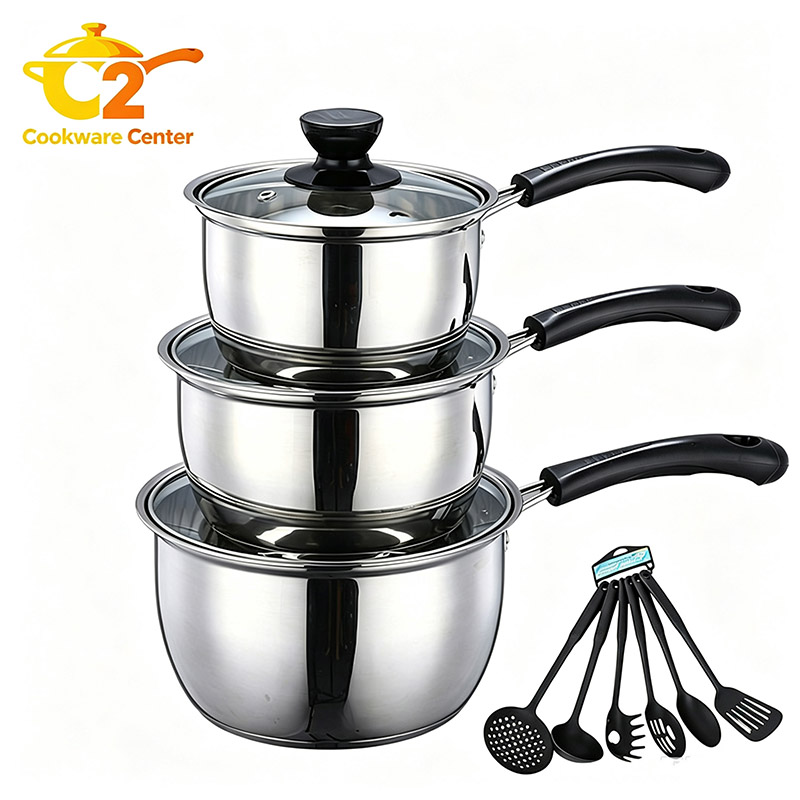 Set of 12PCS Non-stick Stainless Steel Cookware Set Cooking Pot Set Sufuria Set (3PCS 16/18/20CM Pots+3PCS Glass Lids+6pcs cookware accessories)