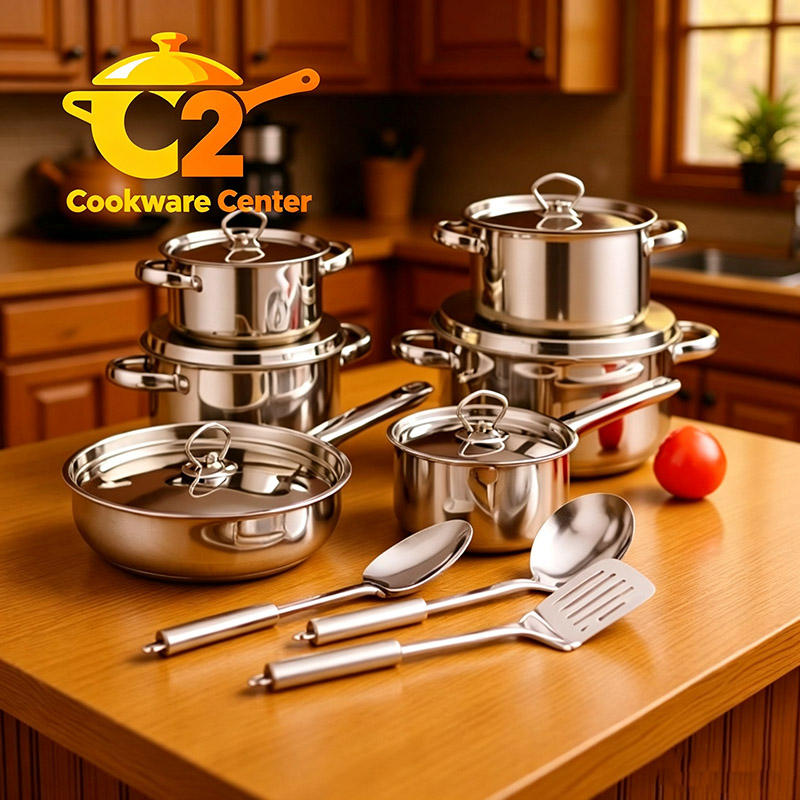 Set of 15PCS Non-stick Stainless Steel Cookware Set Cooking Pot Set Sufuria Set (6PCS 18/18/20/22/26/26 CM Pots+6PCS Stainless Steel Lids+3PCS Stainless Steel Spoon Set )