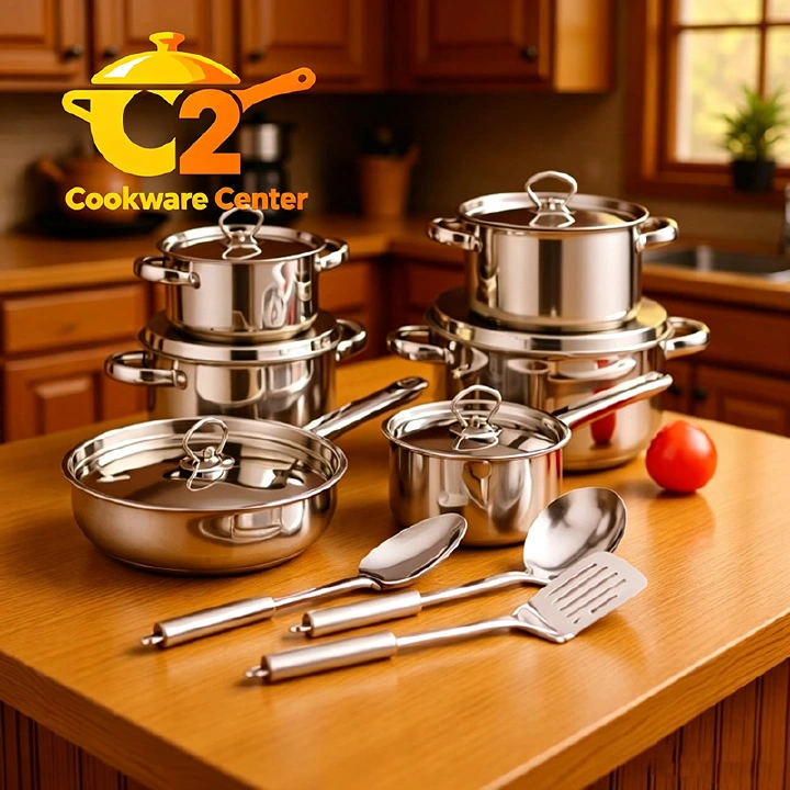 Set of 15PCS Non-stick Stainless Steel Cookware Set Cooking Pot Set Sufuria Set (6PCS 18/18/20/22/26/26 CM Pots+6PCS Stainless Steel Lids+3PCS Stainless Steel Spoon Set )