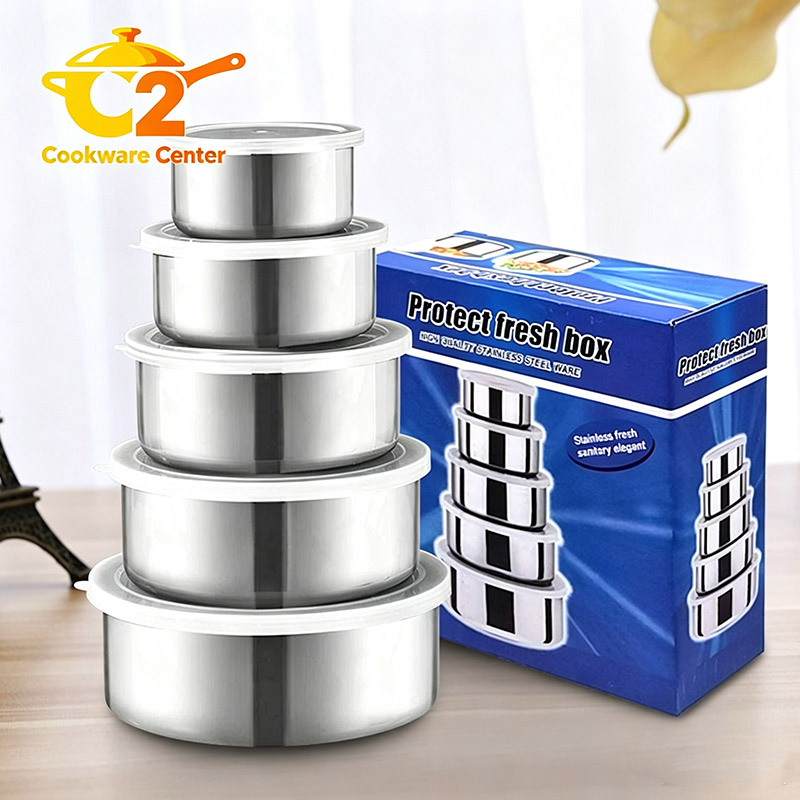 Set of 5PCS  Stainless Steel Fresh-Keeping Box Set Meal Preservation Bowl Round Sealed Sealed Jar Lunch Box  Suitable for induction cookers(10/12/14/16/18CM)