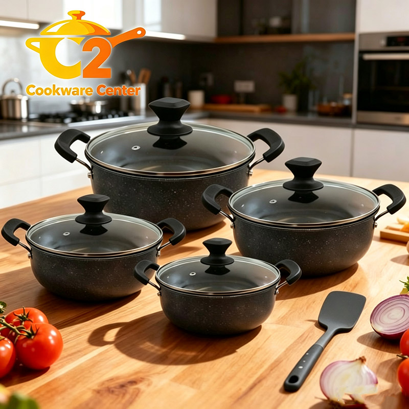 【On Sale】HotChef Set of 8PCS Non-stick Iron Thickened and Large Size Cookware Set Marble Coating Sufuria Set Cooking Pots Set Soup Pots Set  Suitable for induction cookers (4PCS 24/26/28/30CM Pots)
