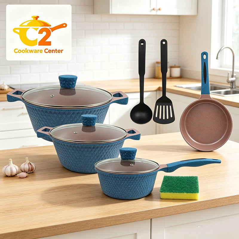 【On Sale】HotChef Set of 10PCS Non-stick Aluminum Marble Coating Cookware Set Sufuria Set Cooking Pot Soup Pots Set (3PCS 18/24/28CM Pots+1PC 24CM Pan+3PCS Lids+3PCS Accessories)