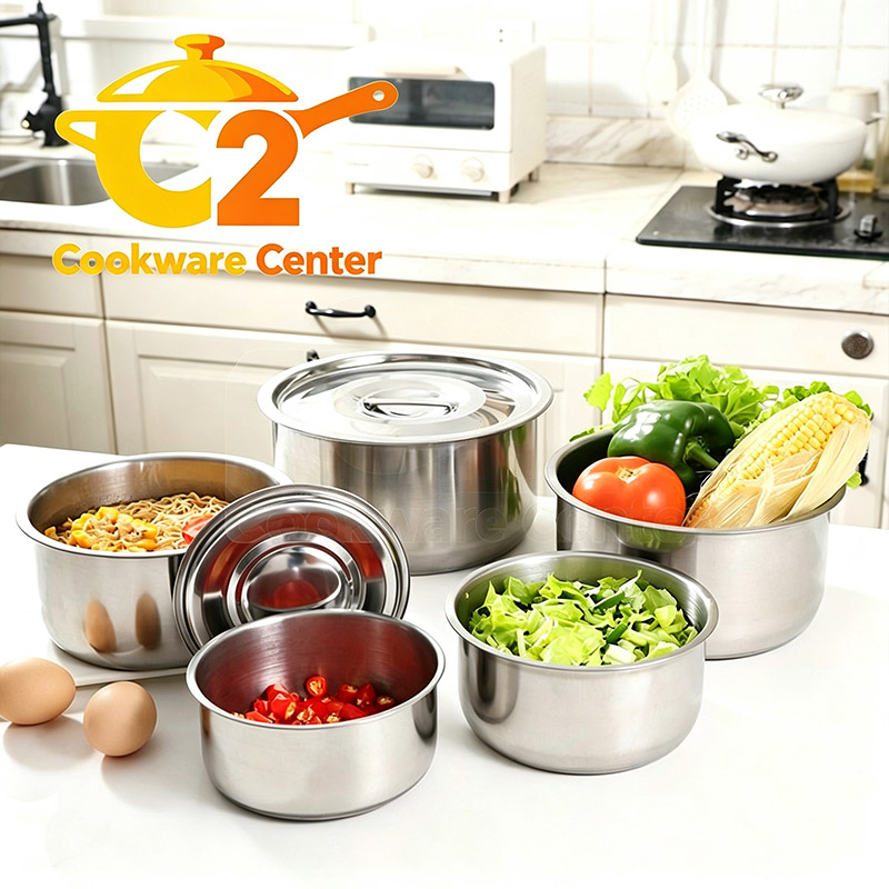 Set of 10PCS Stainless Steel Cooking Pot  Seasoning Oil Basin  Fresh-Keeping Box Household Multi-Purpose Soup Pot With Lid Set (5PCS 16/18/20/22/24 Pots+5PCS Lids)
