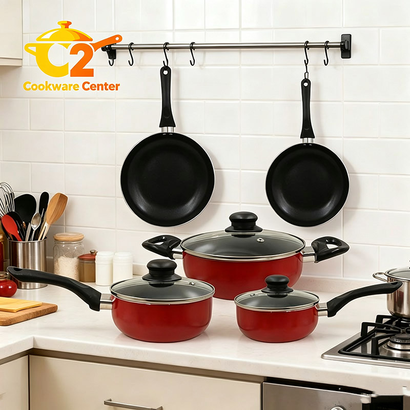 【On Sale】HotChef Set of 8PCS Non-stick Aluminum Cookware Set Sufuria Set Cooking Pot Soup Pots Set (3PCS 16/18/20CM Pots+2PCS 20/26 Pans+3PCS Lids)