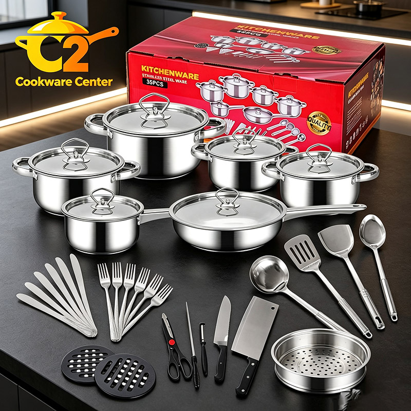 Set of 35pcs Non-stick Stainless Steel Cookware Set Cooking Pot Set Sufuria Set (6pcs 18-18-20-22-26-26 Pots+6pcs Lids+ 23pcs Accessories Include Spoons forks Knife Spatula  Heat Insulation Pad)