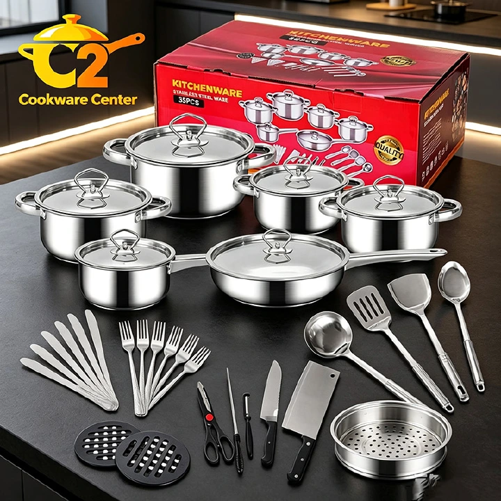Set of 35pcs Non-stick Stainless Steel Cookware Set Cooking Pot Set Sufuria Set (6pcs 18-18-20-22-26-26 Pots+6pcs Lids+ 23pcs Accessories Include Spoons forks Knife Spatula  Heat Insulation Pad)