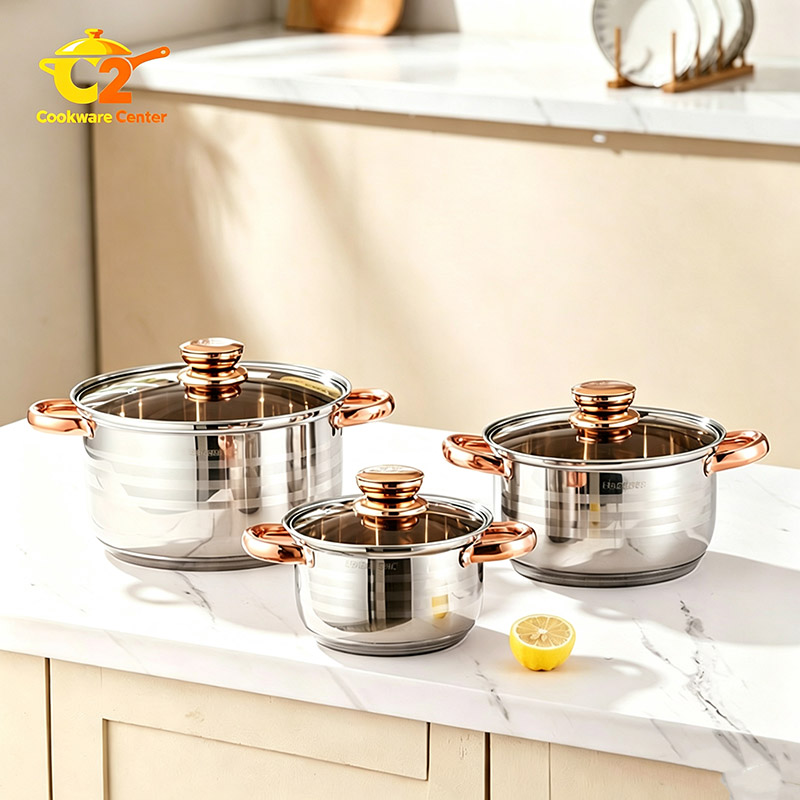 Engeibepg Set of 6PCS Non-stick Stainless Steel Cookware Set Cooking Pot Set Sufuria Set (3PCS 16/20/24CM Pots+3PCS Glass Lids)