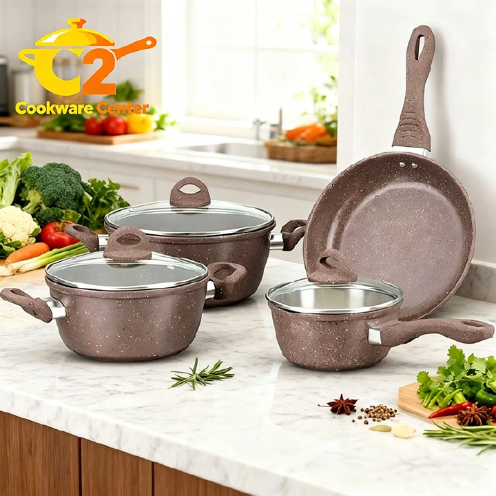 【On Sale】HotChef  Set of  7PCS  Non-stick  Die-cast Marble Iron Cookware Set Cooking Pot Set Sufuria Set  Suitable for induction cookers (3PCS 16/20/24CM Pots +1PC 24CM Pan +3PCS Glass Lids)