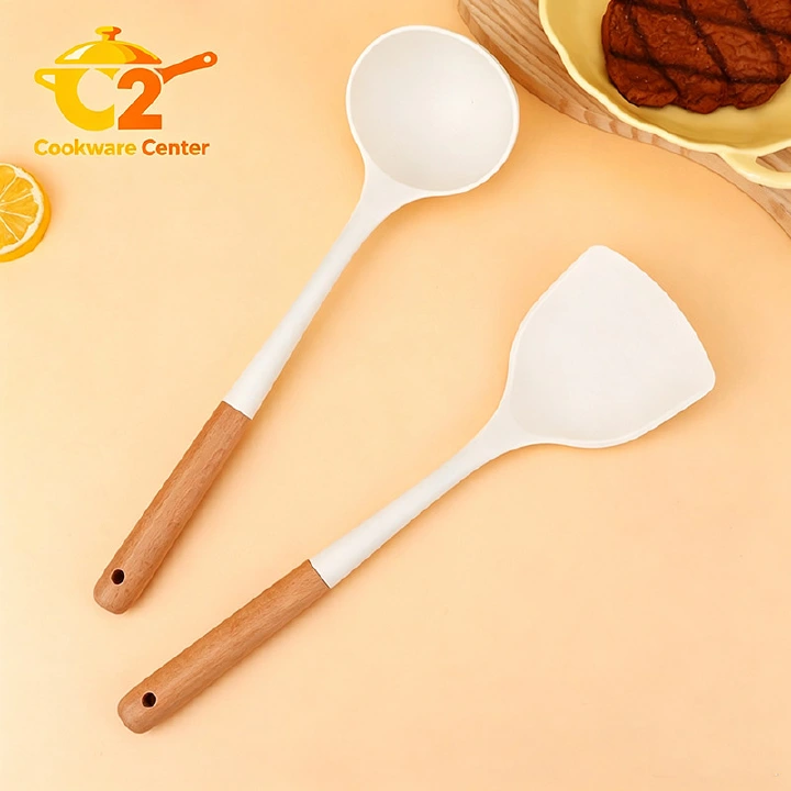 Set of 2PCS  Cookware Wooden Handle Silicone Spatula Kitchen Non-Stick Cooking Silicone Spatula Spoon Set Household Cooking Spatula Soup Spoon