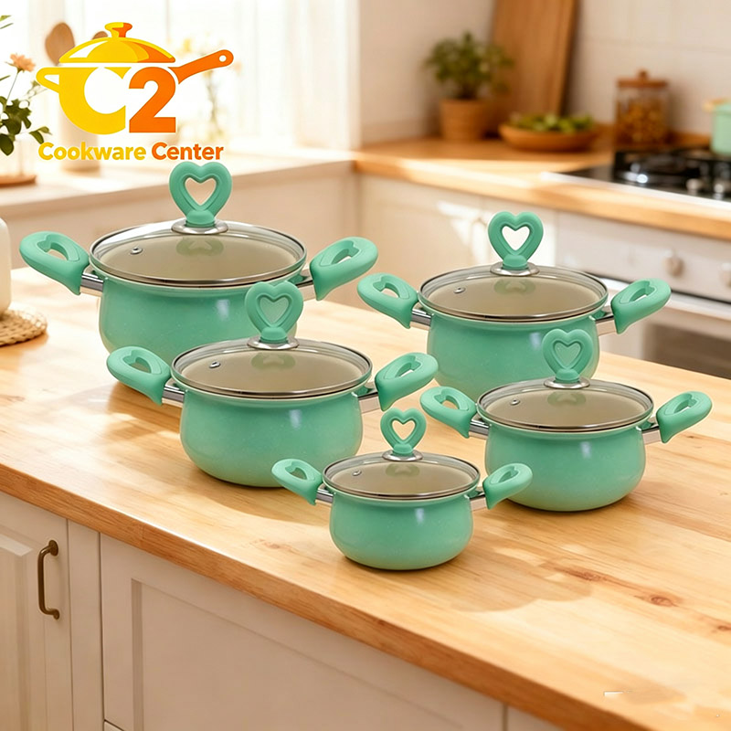 【On Sale】HotChef Set of 10PCS Non-stick Iron Marble Coating Cookware Set Sufuria Set Cooking Pot Set Suitable for Induction Cookers (5PCS 18/20/22/24/26CM Casseroles +5PCS Glass Lids)
