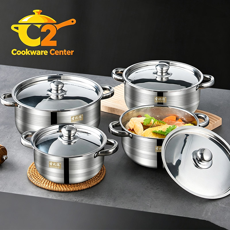 Set of 8PCS Non-stick Stainless Steel Cookware Set Cooking Pot Set Sufuria Set (4PCS 20/22/24/26CM Pots+4PCS Stainless Steel  Lids)