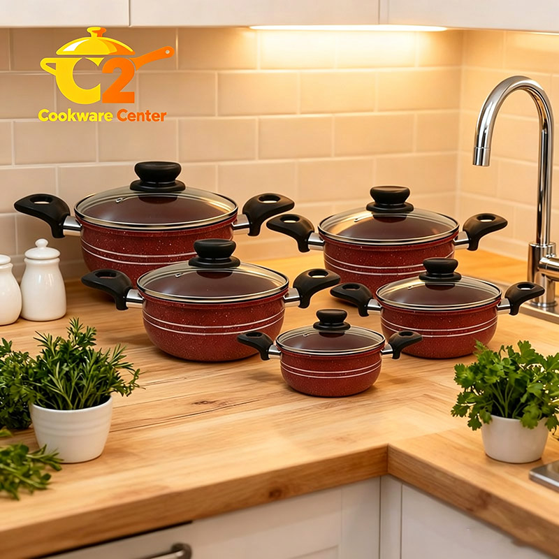 【On Sale】HotChef Set of 10PCS Non-stick Aluminum Marble Coating Die Casting Cookware Set Sufuria Set Cooking Pot Soup Pots Set (5PCS 18/20/22/24/26CM Pots+5PCS Lids)