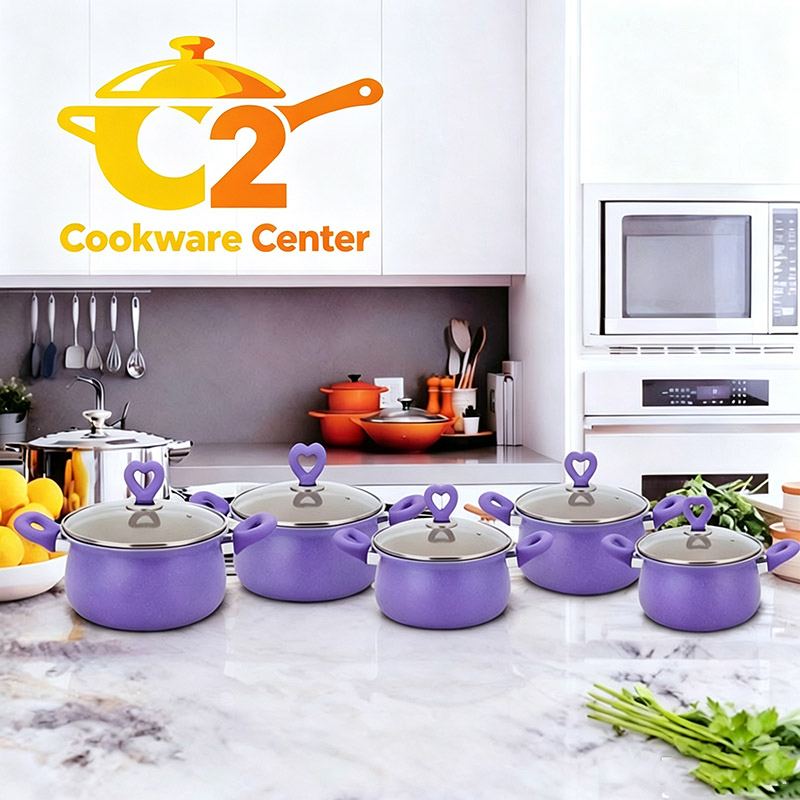 【On Sale】HotChef Set of 10PCS Non-stick Iron Marble Coating Cookware Set Sufuria Set Cooking Pot Set Suitable for Induction Cookers (5PCS 18/20/22/24/26CM Casseroles +5PCS Glass Lids)