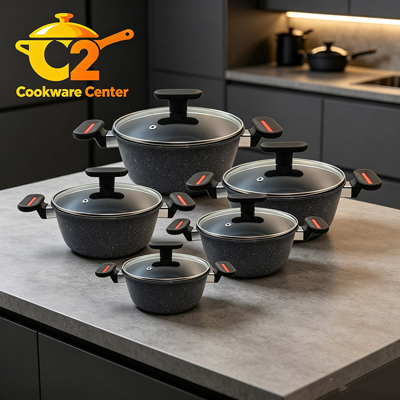 【On Sale】HotChef Set of 10PCS Non-stick Iron Marble Coating Die Casting Cookware Set Sufuria Set Cooking Pot Soup Pots Set Suitable for Induction Cookers (5PCS 20/22/24/26/28CM Pots+5PCS Lids)