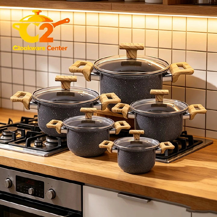 【On Sale】HotChef 10PCS Seamless One-Piece Granite Coated Non-Stick Cookware Set (5PCS 18-26CM Pots+5PCS Lids) | PFOA-Free | All Cooktops Ready | For Soups/Stews/Daily Cooking | HotChef Sufuria Set