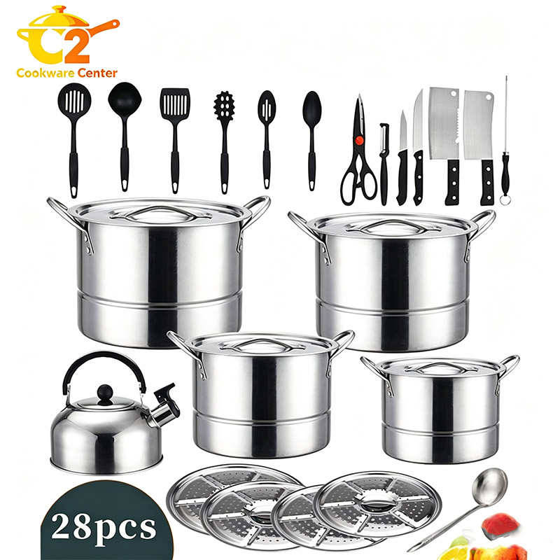 Set of 28PCS Non-stick Stainless Steel Cookware Set Cooking Pot Set Sufuria Set (4PCS 24-26-28-30CM Pots+4PCS Stainless Steel Lids+1pc kettle with lid +18pcs cookware accessories)