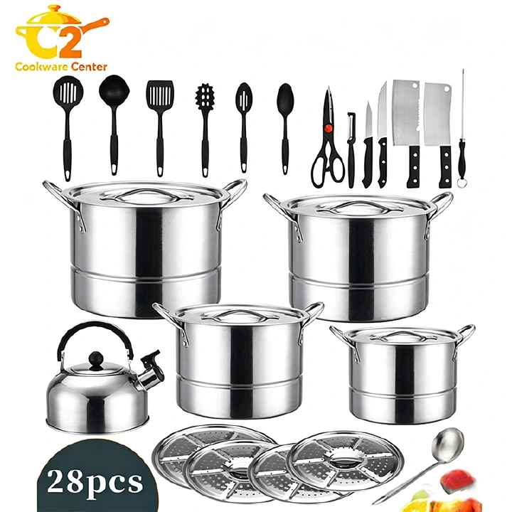 Set of 28PCS Non-stick Stainless Steel Cookware Set Cooking Pot Set Sufuria Set (4PCS 24-26-28-30CM Pots+4PCS Stainless Steel Lids+1pc kettle with lid +18pcs cookware accessories)