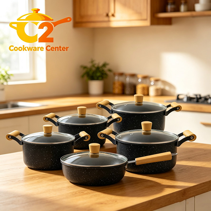 【On Sale】Set of 10PCS Non-stick Iron Marble Coating Cookware Set Sufuria Set Cooking Pot Set Suitable for Induction Cookers (5PCS 18/20/22/24/26CM Pots+5PCS Glass Lids)