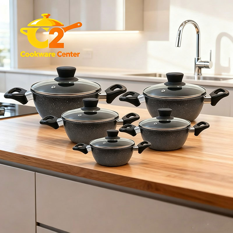 【Free Gift】HotChef Set of 10PCS Non-stick Iron  Granit  Coating Cookware Set Sufuria Set Cooking Pot Set Suitable for Induction Cookers (5PCS 18/20/22/24/26CM Pots+5PCS Glass Lids) TTG158